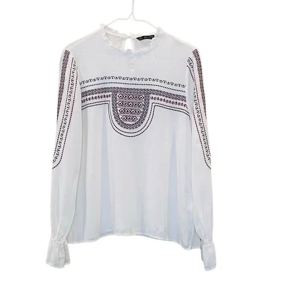 Zara Basic Collection Embroidered Ruffle Trim Long Sleeve Top White Medium